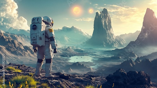 Astronaut exploring alien landscape with two suns, gazing at a valley of lakes and tall mountains. photo