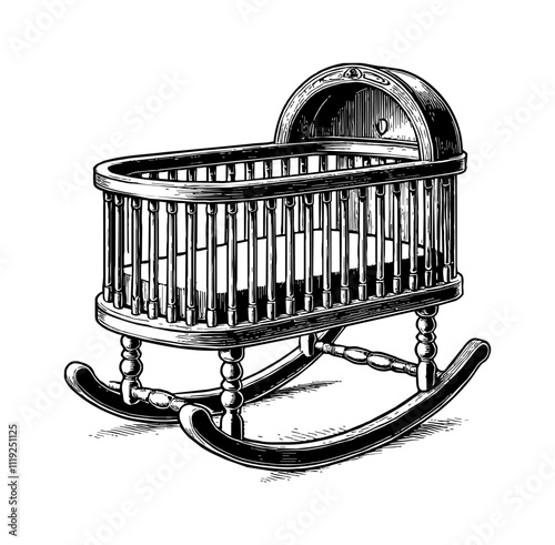 baby cradle engraving black and white outline