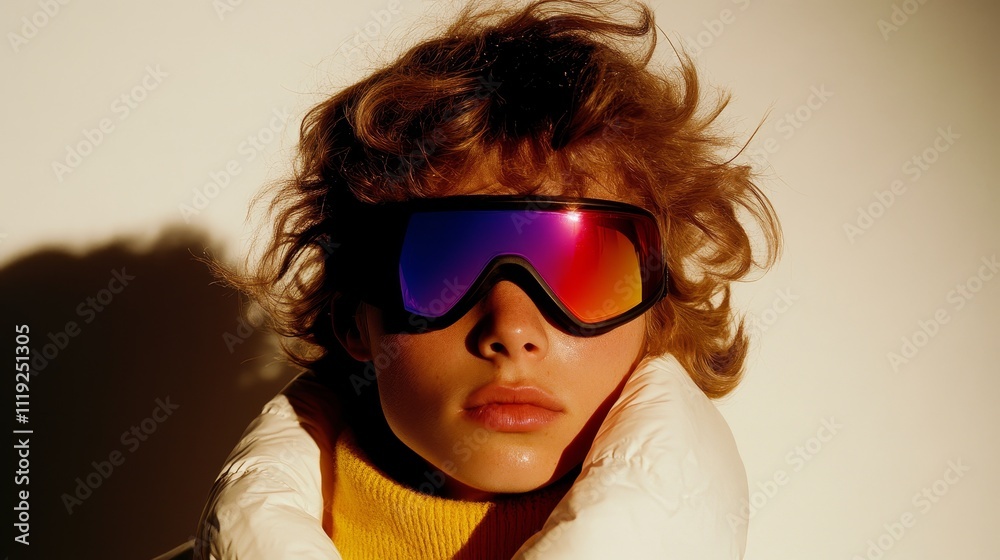 Young woman with stylish ski goggles and curly hair, dressed in a white puffy jacket against a minimalist backdrop. Young woman with stylish ski goggles and curly hair, dressed in a white puffy jacket against a minimalist backdrop.