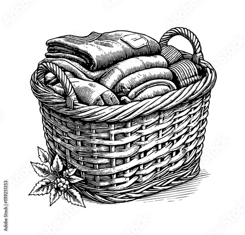 wicker basket filled with folded clothes engraving black and white outline