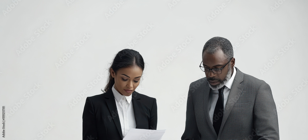 African American businessman and businesswoman, both dressed in formal black suits, sit together at a desk with a laptop.