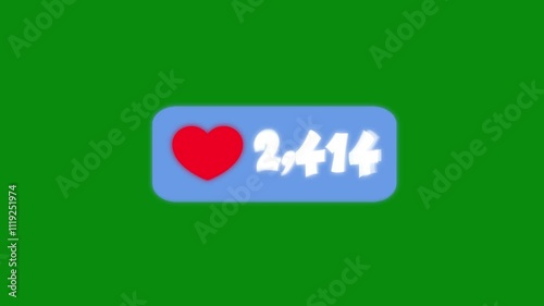Social media love icons emojis floating animation with number counting on a green screen background can be used with chroma key.