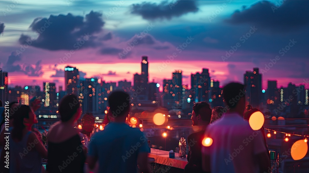 custom made wallpaper toronto digitalTrendy rooftop party overlooking the city skyline, where guests enjoy dancing under colorful lights in a joyous atmosphere filled with laughter.