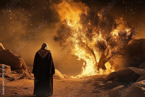 A powerful portrayal of the encounter between Moses and the burning bush. photo