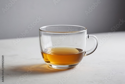 there is a glass cup of tea on a table