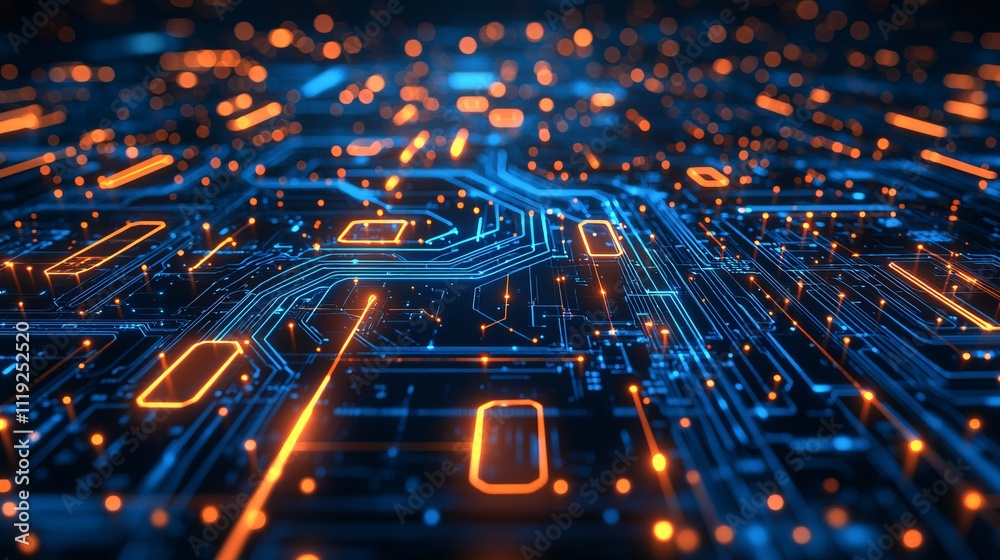 Abstract circuit boards interconnecting futuristic business icons in a sleek digital workspace, minimalist illustration graphic --chaos 20 --ar 16:9 --quality 2 --
