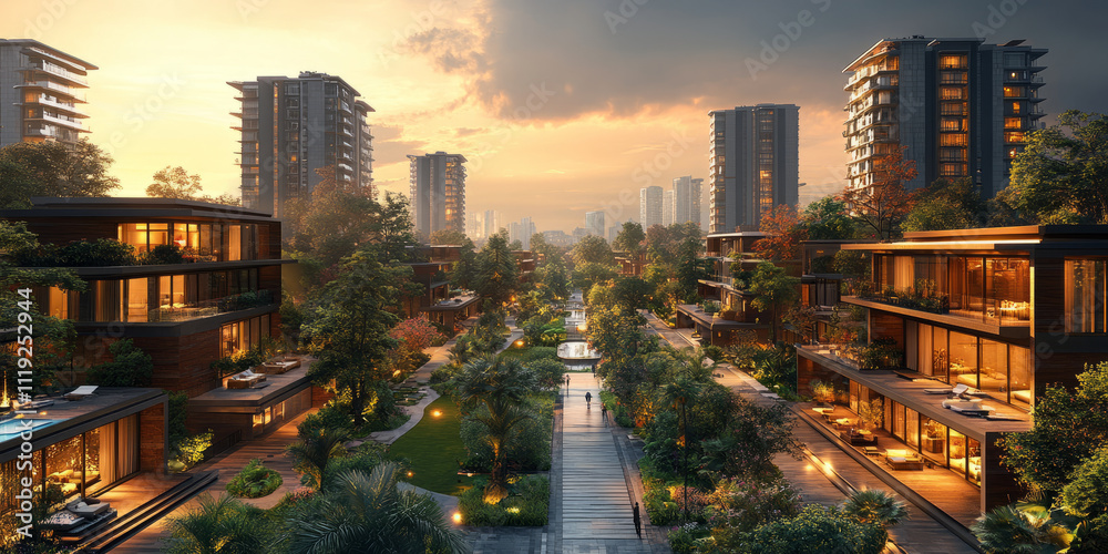 Obraz premium Design a luxurious, nature-integrated residential condominium. a urban street with commercial buildings at the base and residential units above, along with vibrant community sports and leisure areas.