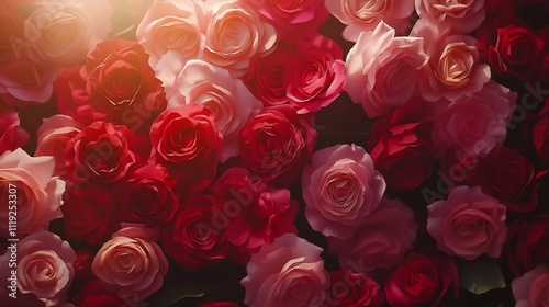 A vibrant close-up of red pink white roses in full bloom, floral background. Velvety petals, rich color by soft natural lighting. Hyper-realistic details, top view romantic elegance. Valentine’s Day