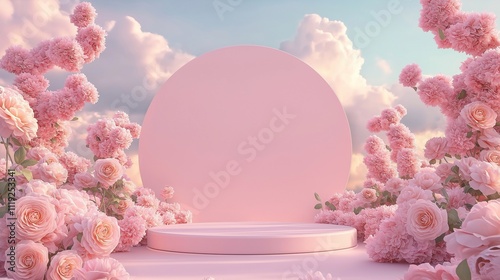 A dreamy pastel circular pink podium by blooming pink roses, a soft sky with fluffy clouds. a romantic surreal showcasing product. floral display, flowers around a stage, Valentine’s Day background