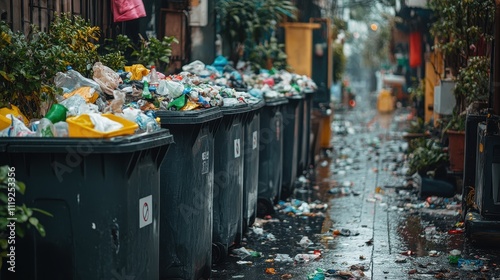 Overflowing Garbage Bins in a Cluttered Urban Alley photo