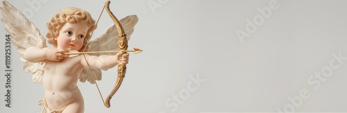 A cherubic Cupid with soft golden curls, delicate angelic wings, a playful expression, holding a bow and arrow. Detailed with classical art aesthetics. A background with copy space, Valentine’s Day