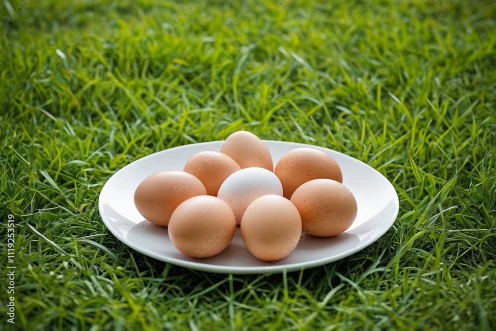 araffy plate of eggs on a lawn with grass araffy plate of eggs on a lawn with grass