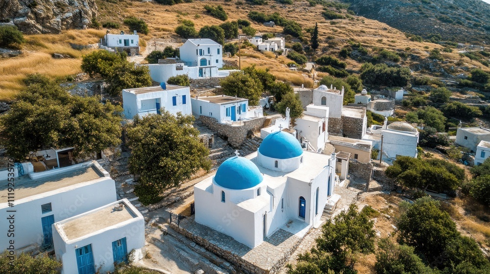 Obraz premium Aerial View of a Picturesque Greek Island Village with Blue-Domed Churches