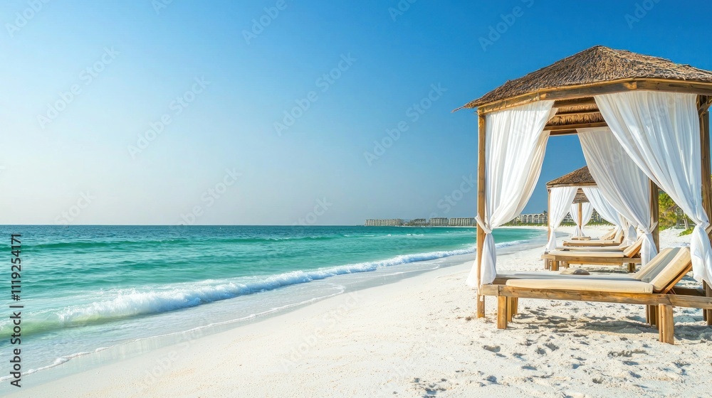 Relaxing on a luxury beach with private cabanas, turquoise water, and white sands