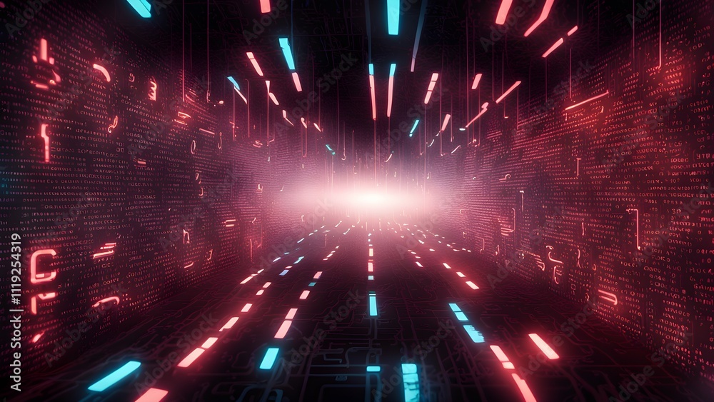 Fototapeta premium A futuristic corridor with glowing lines and digital patterns, evoking a sci-fi atmosphere.