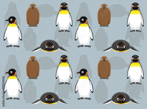 King Penguin Bird Poses Cartoon Character Seamless Wallpaper Background