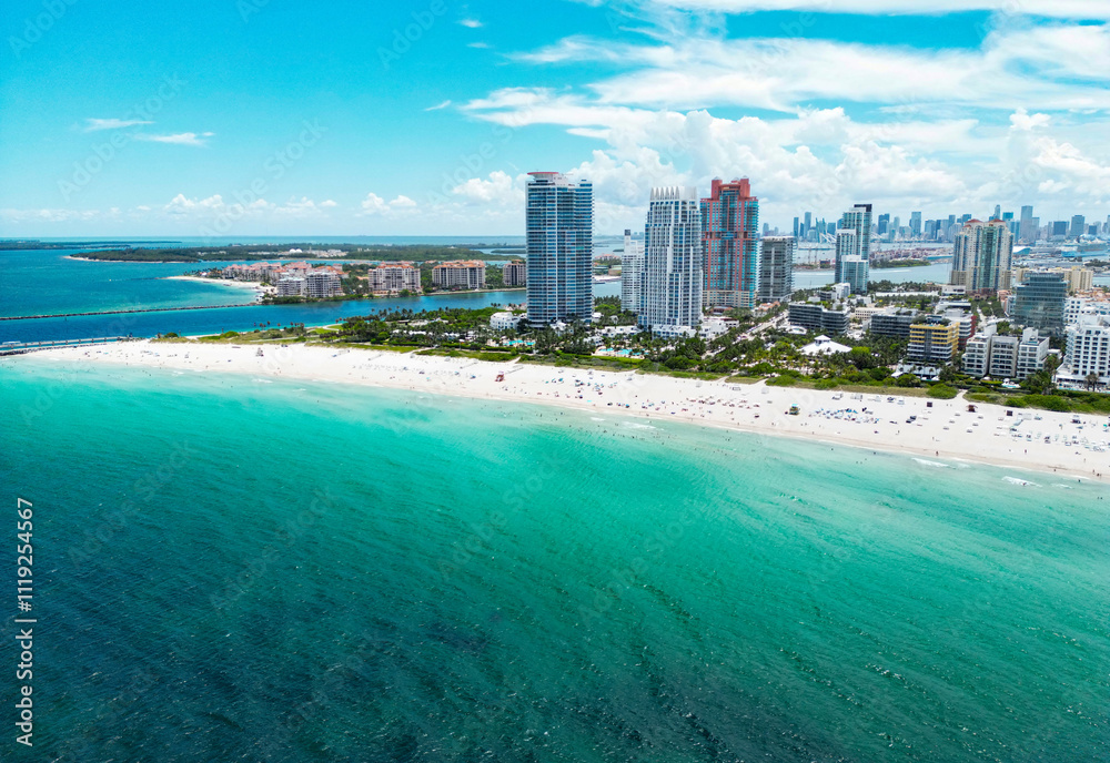 Aerial view of Miami Beach, Florida, United States. Drone shot of Miami on sunny day. Miami Beach, wonderful aerial view of buildings. Panorama view of Miami Beach, South Beach, USA.