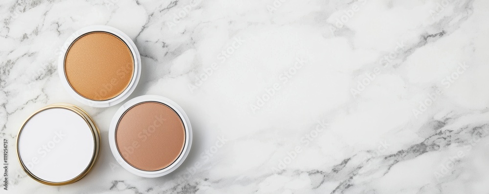 Three makeup compacts in shades of white, tan, and brown are displayed on a sleek marble surface, highlighting beauty products. Three makeup compacts in shades of white, tan, and brown are displayed on a sleek marble surface, highlighting beauty products.