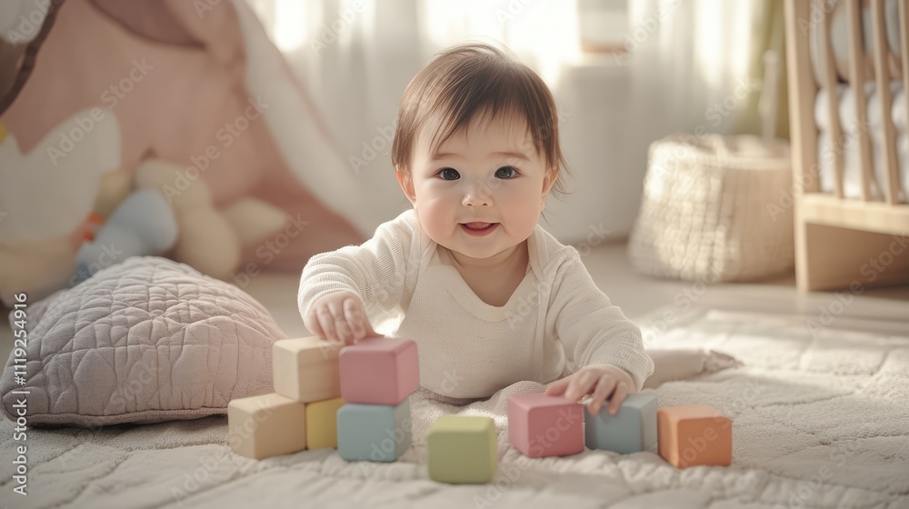 Cute Baby Playing with Colorful Wooden Blocks to Learn Creativity Cute Baby Playing with Colorful Wooden Blocks to Learn Creativity