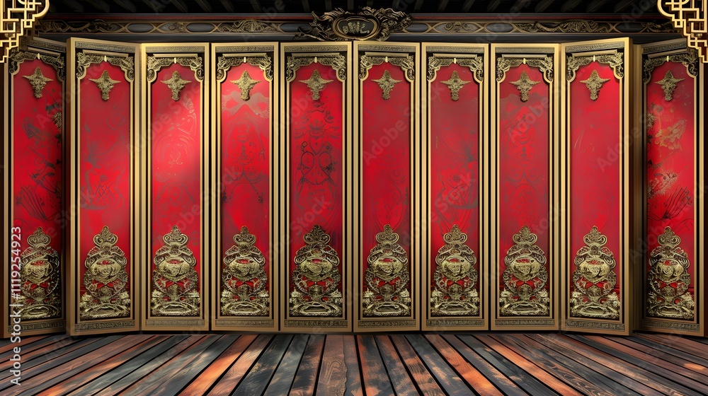 Obraz premium Red and gold Chinese room divider screen.