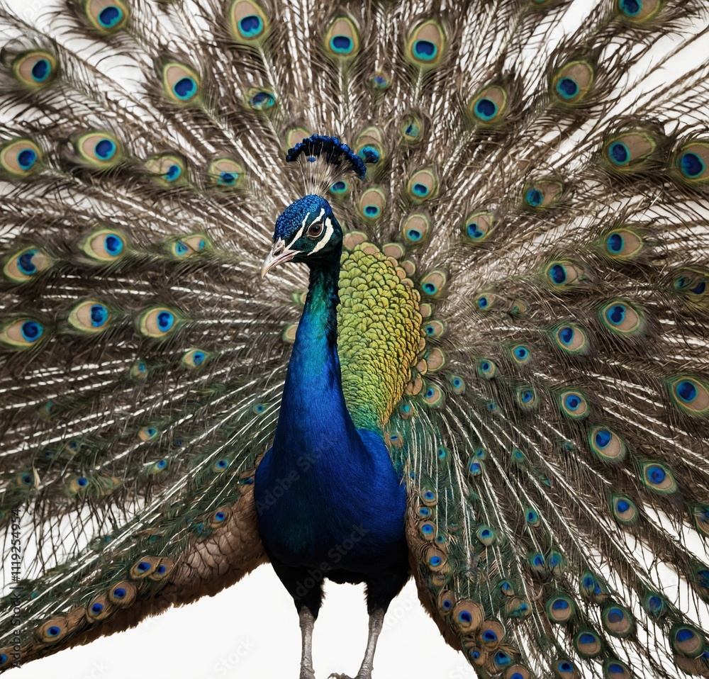 Naklejka premium A striking peacock spreading its fully open tail, showcasing its vibrant colors, on a white background.