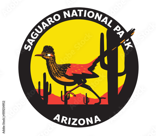 Saguaro National Park Desert Sunset Landscape Cactus Arizona Vector Logo Roadrunner