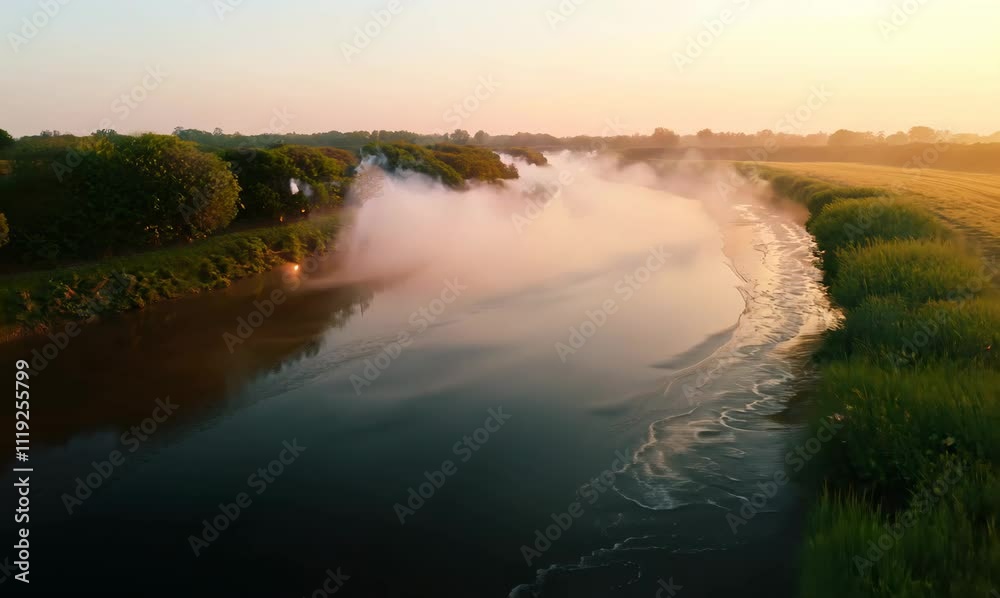 serene riverbank at sunrise with swirling low smoke serene riverbank at sunrise with swirling low smoke