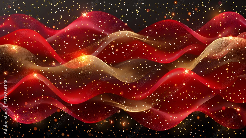 Red and gold glowing waves with glitter. Red and gold glowing waves with glitter.