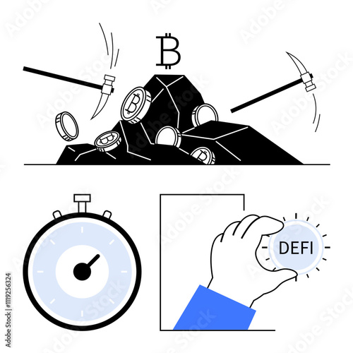 Pickaxes mining Bitcoin a stopwatch icon and a hand holding DEFI. Ideal for cryptocurrency, blockchain technology, DeFi, digital finance, time management, investment, mining operations themes. Line