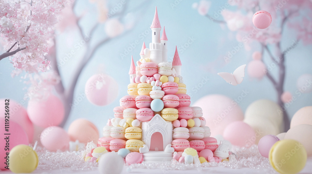 Enchanted Macaron Castle: A whimsical confectionery castle crafted from pastel macarons sits amidst a dreamy landscape of blossoming trees and pastel balloons. A delightful image perfect for blogs. Enchanted Macaron Castle: A whimsical confectionery castle crafted from pastel macarons sits amidst a dreamy landscape of blossoming trees and pastel balloons. A delightful image perfect for blogs.