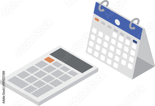 アイソメトリックな卓上カレンダーと電卓の素材