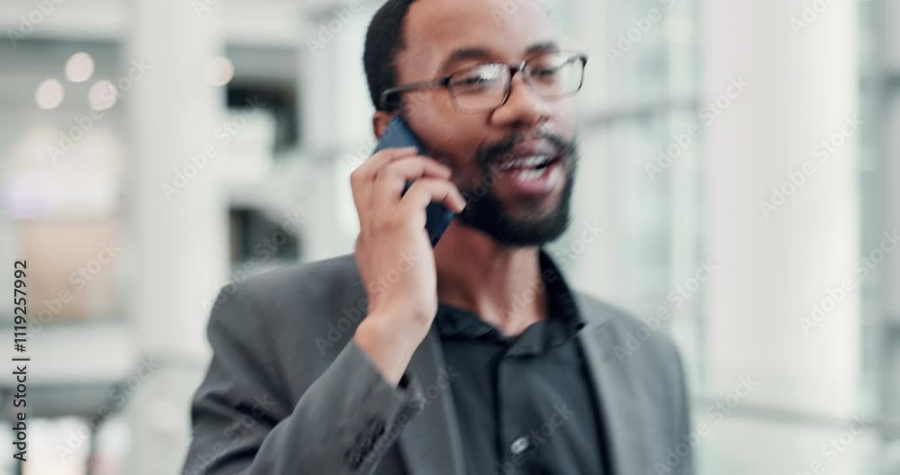 Walking, African and businessman in airport for phone call communication, convention or travel booking. Corporate deal, listen or lawyer in lobby with mobile for international trip or flight schedule Walking, African and businessman in airport for phone call communication, convention or travel booking. Corporate deal, listen or lawyer in lobby with mobile for international trip or flight schedule