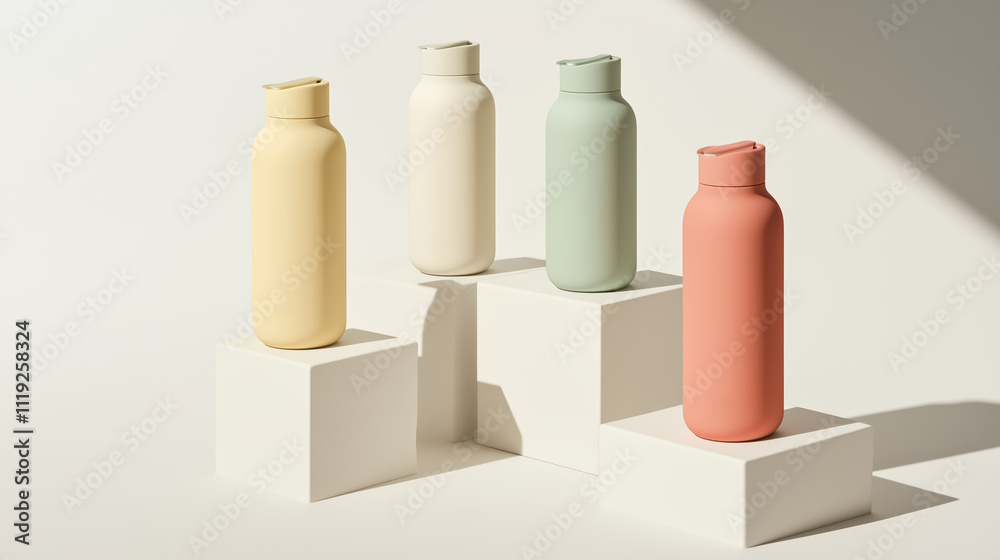 Stylish reusable water bottles displayed on minimalistic pedestals with soft lighting in a clean environment Stylish reusable water bottles displayed on minimalistic pedestals with soft lighting in a clean environment