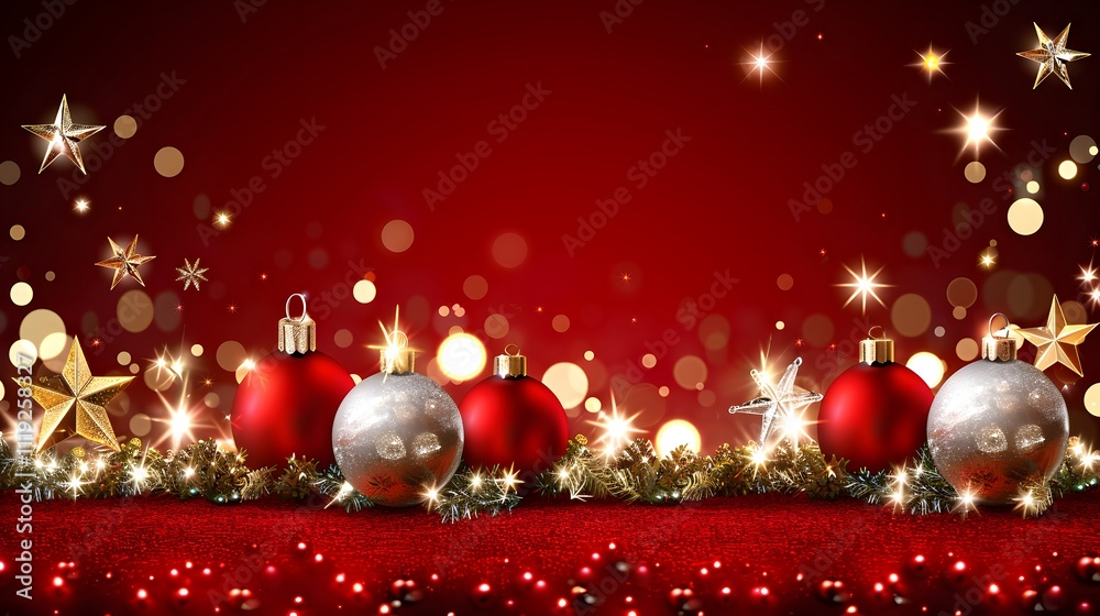 Red Christmas ornaments with lights and stars.