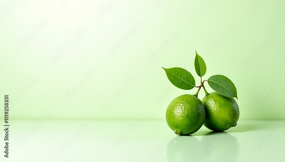 Fresh Limes with Green Leaves on a Light Green Background Fresh Limes with Green Leaves on a Light Green Background