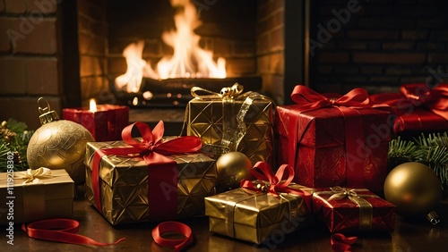 Christmas Gifts by Fireplace: A captivating image of elegantly wrapped Christmas presents in rich gold and red hues, nestled by a warm, inviting fireplace.