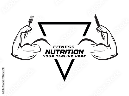 Fitness nutrition logo with biceps isolated on white.