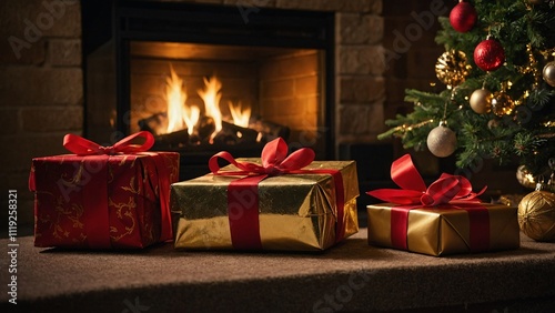 Cozy Christmas Fireplace: A crackling fireplace, a decorated Christmas tree, and beautifully wrapped gifts create a warm and inviting atmosphere. The scene evokes a sense of peace, comfort.