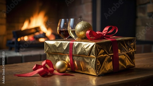 Cozy Christmas Gift by the Fireplace: A beautifully wrapped golden gift box sits beside a glass of wine, adorned with festive red ribbon and baubles.