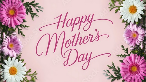 Hyperrealistic Floral Arrangement with Pink and White Daisies, Greenery, and Happy Mother's Day Script on a Soft Pastel Pink Background