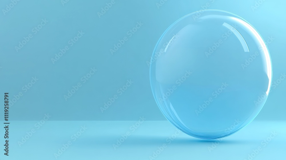 A single transparent blue bubble on a soft blue background, emphasizing simplicity and calmness. A single transparent blue bubble on a soft blue background, emphasizing simplicity and calmness.