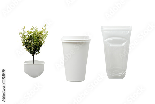 Plantable Coffee Cup: Eco-friendly and innovative, a white coffee cup with a plant growing out of its top. The cup is surrounded by a transparent sleeve. photo