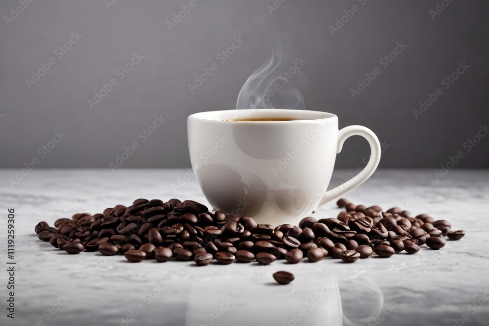 there is a cup of coffee with a lot of coffee beans there is a cup of coffee with a lot of coffee beans