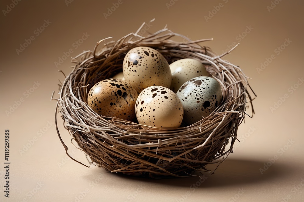 arafed nest with four eggs and a few black spots arafed nest with four eggs and a few black spots