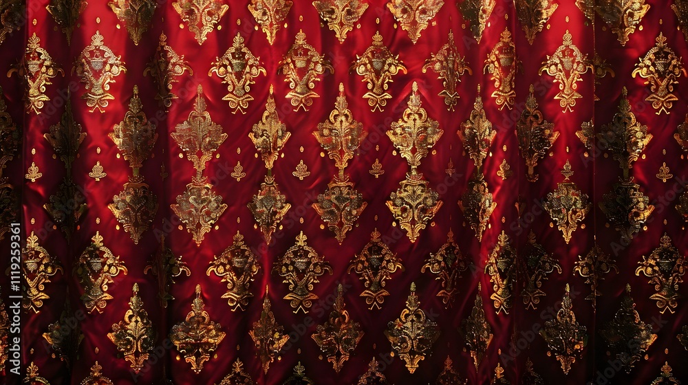Red fabric with gold damask pattern. Red fabric with gold damask pattern.