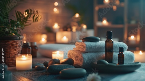 A serene spa scene with candles, smooth stones, and essential oil bottles around a massage table, with soft, diffused lighting. photo