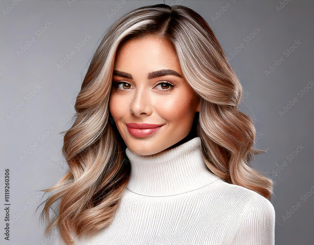Fototapeta premium Portrait of a woman with long perm hairstyle, wearing a white turtleneck