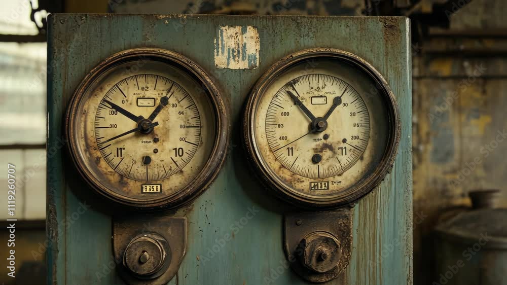 Vintage pressure gauges display measurements in an old industrial setting with faded colors and rusted surfaces