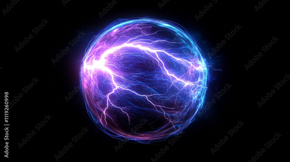 Electric lightning energy ball discharge vector. Thunder circle explosion with plasma shock transparent realistic neon 3d element. Magic power spell with thunderball hit. Burst in blue and purple Electric lightning energy ball discharge vector. Thunder circle explosion with plasma shock transparent realistic neon 3d element. Magic power spell with thunderball hit. Burst in blue and purple