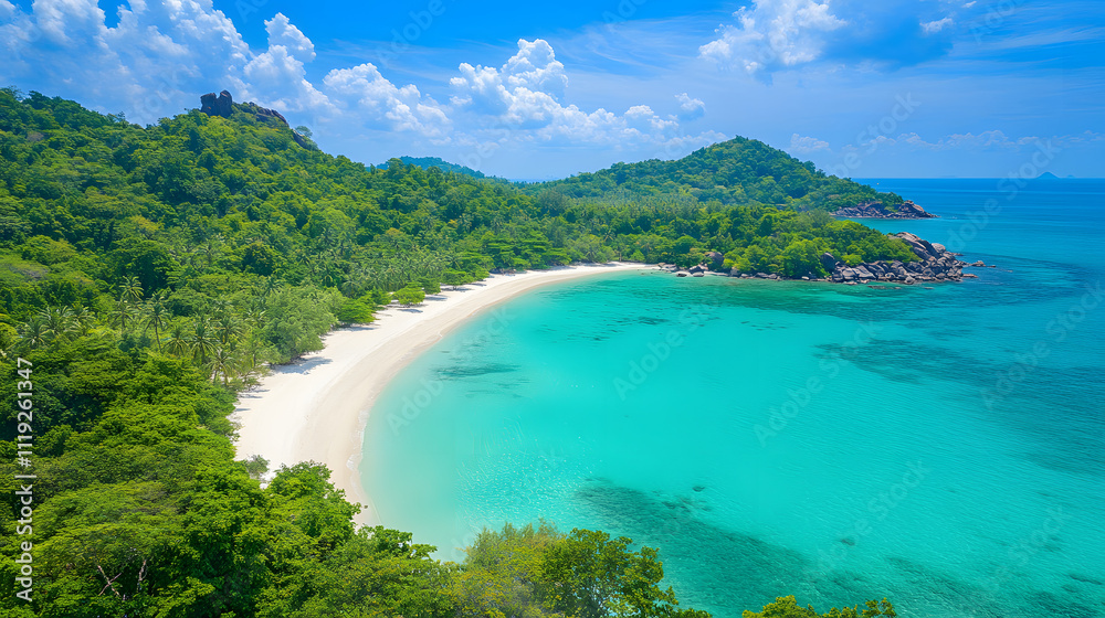 A stunning tropical beach with clear turquoise waters, lush greenery, and gentle waves, perfect for relaxation and exploration A stunning tropical beach with clear turquoise waters, lush greenery, and gentle waves, perfect for relaxation and exploration
